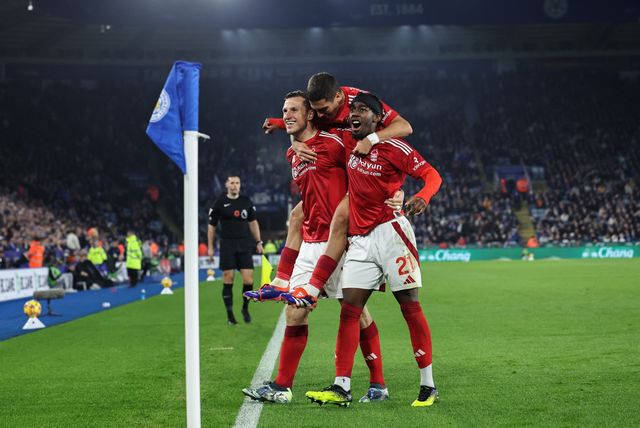 Chris Wood of Nottingham Forest celebrates his goal to make it 1-2 during the Premier League match Leicester City vs Nottingham Forest at King Power Stadium, Leicester, United Kingdom, 25th October 2024

(Photo by Mark Cosgrove/News Images)