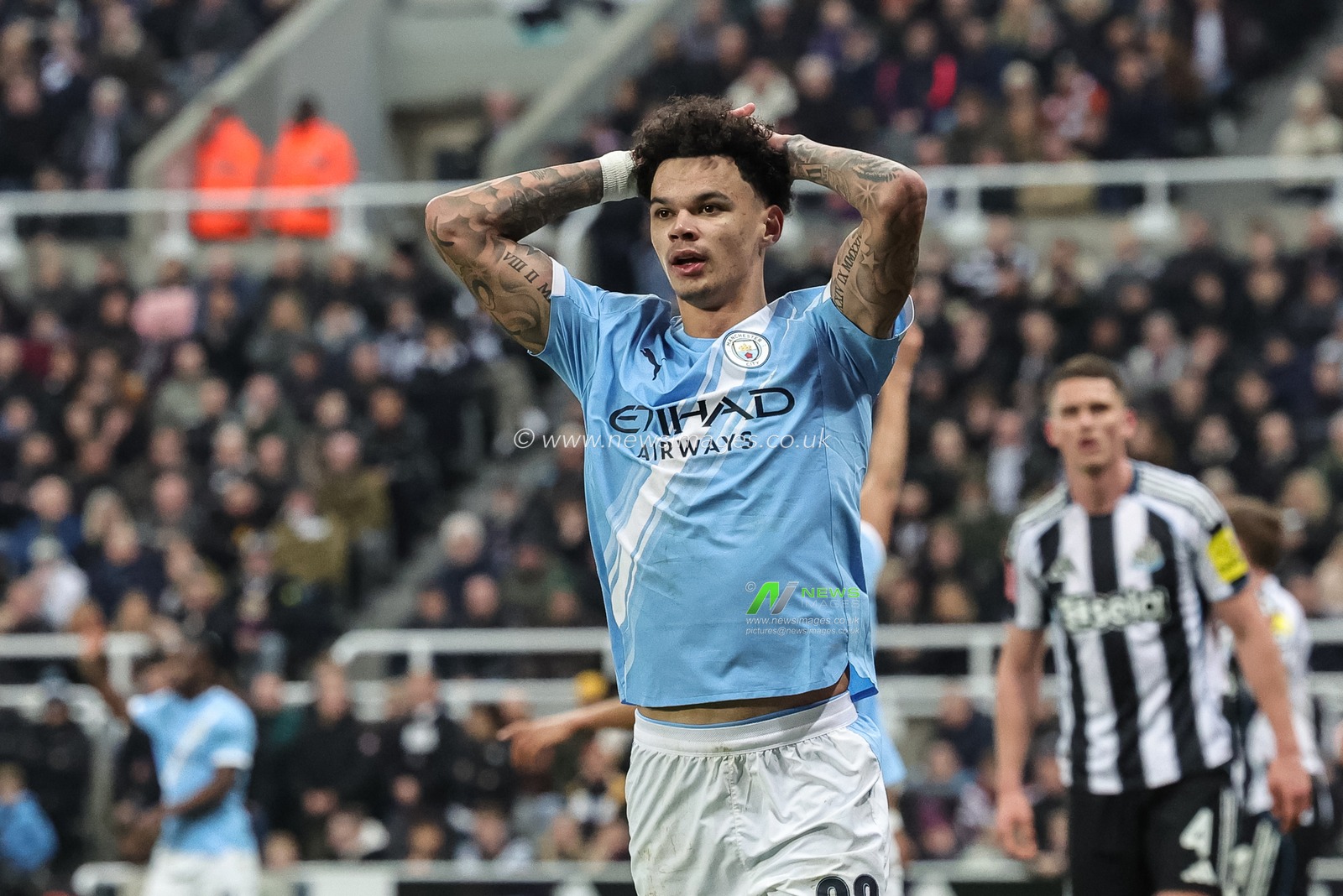Nico O'Reilly of Manchester City reacts after a missed chance on goal during the Emirates FA Cup 5th Round  match Newcastle Untied vs Manchester City at St. James's Park, Newcastle, United Kingdom on 07 March 2026

(Photo by Mark Cosgrove/News Images)