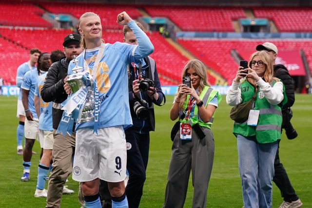 Erling Haaland of Manchester City with the fa cup trophy during the Emirates FA Cup Final match Chelsea vs Manchester City at Wembley Stadium, London, United Kingdom on 16 May 2026

(Photo by Harvey Murphy/News Images)