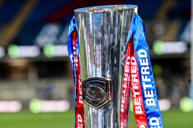 The Betfred Super League Grand Final Trophy during the Betfred Super League play-off Eliminator 1 match Leeds Rhinos vs St Helens at Headingley Stadium, Leeds, United Kingdom, 27th September 2025

(Photo by Alfie Cosgrove/News Images)