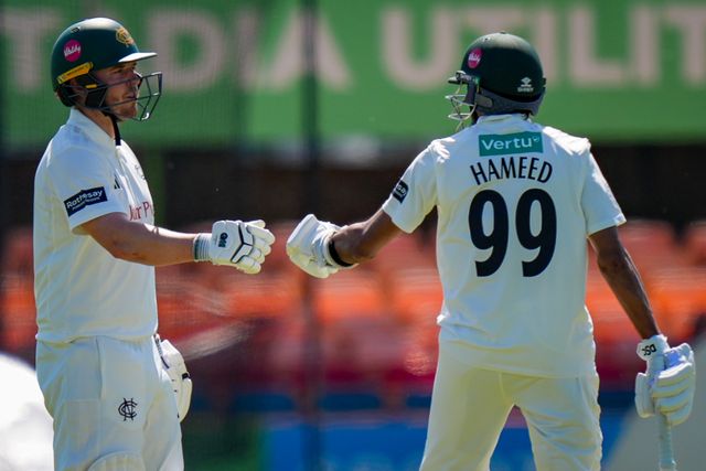 Haseeb Hameed congratulates Ben Slater after the latter hits the ball for four during Leicestershire County Cricket Club vs Nottinghamshire County Cricket Club in Country Cricket Division One Day 1 at Grace Road, Leicester, United Kingdom on 01 May 2026

(Photo by Maynard Manyowa/News Images)