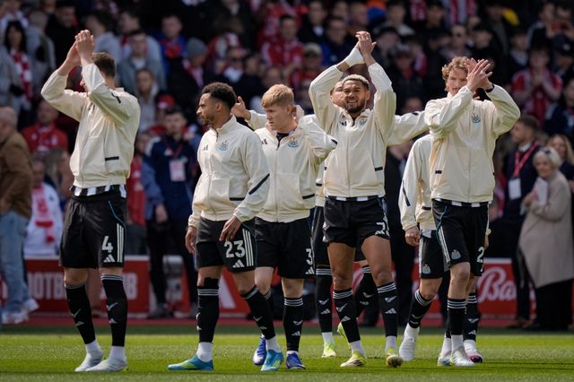 Newcastle layers led by Joelinton of Newcastle United and Nick Woltemade of Newcastle United applauds the travelling fans before the starting whistle  during the Premier League match Nottingham Forest vs Newcastle Untied at City Ground, Nottingham, United Kingdom on 10 May 2026

(Photo by Maynard Manyowa/News Images)