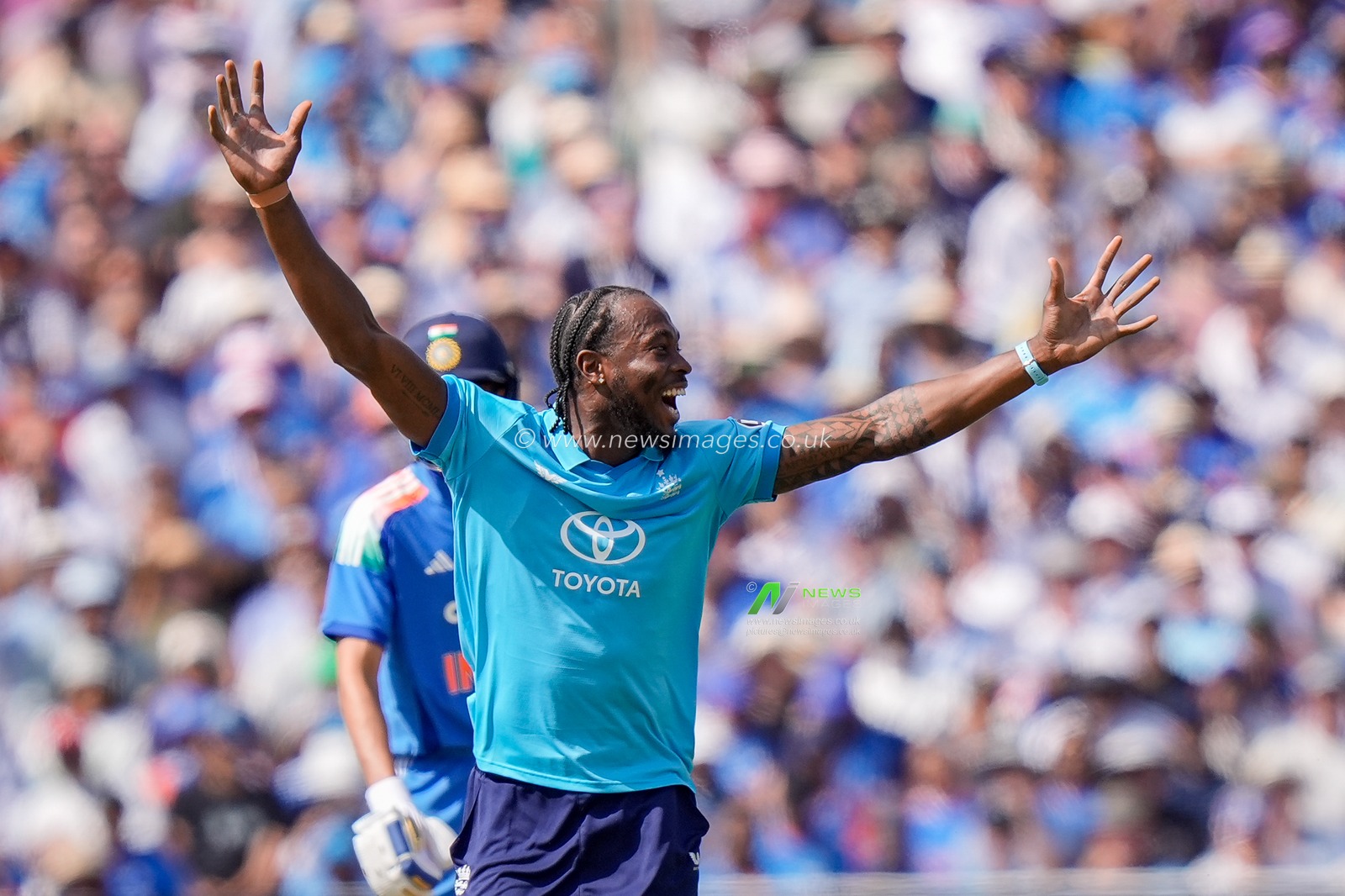 Jofra Archer of England celebrates taking the wicket of Virat Kohli of India during the 1st Metro Bank ODI match England vs India at Edgbaston, Birmingham, United Kingdom on 14 July 2026

(Photo by Maynard Manyowa/News Images)