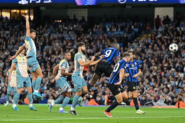 Marcus Thuram of Inter Milan heads the ball towards goal during the UEFA Champions League league stage match Manchester City vs Inter Milan at Etihad Stadium, Manchester, United Kingdom, 18th September 2024

(Photo by Cody Froggatt/News Images)