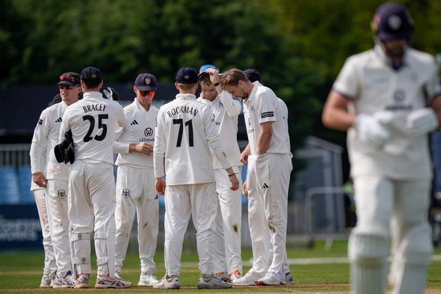 Ben Aitchison walks off after being caught by Cameron Bancroft off the bowling of Craig Miles as Gloucestershire players celebrate a wicket during the County Championship Division Two Derbyshire v Gloucestershire at The Central Co-Op County Ground, Derby, United Kingdom on 26 April 2026

(Photo by Maynard Manyowa/News Images)