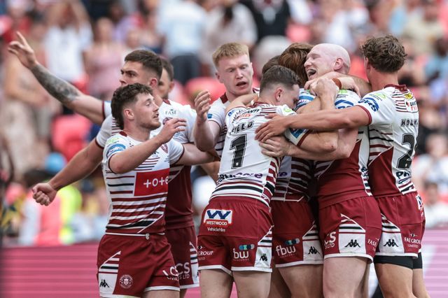 Adam Keighran of Wigan Warriors celebrates his try during the Betfred Challenge Cup Final match Wigan Warriors vs Hull KR at Wembley Stadium, London, United Kingdom on 30 May 2026

(Photo by Mark Cosgrove/News Images)