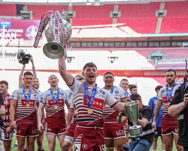 Jack Farrimond of Wigan Warriors with the  Betfred Challenge Cup Trophy and the he Lance Todd Trophy during the Betfred Challenge Cup Final match Wigan Warriors vs Hull KR at Wembley Stadium, London, United Kingdom on 30 May 2026

(Photo by Mark Cosgrove/News Images)