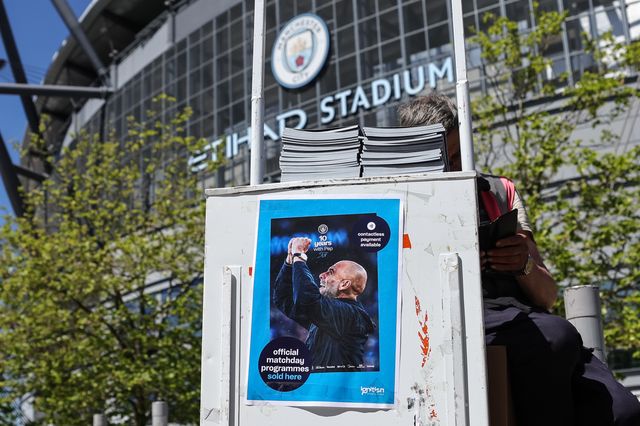 Official matchday programs on sale, 10 years with Pep is on the front cover of todays official match day program as Pep Guardiola manager of Manchester City takes charge for the last time of his tenure after being in charge for ten year during the Premier League match Manchester City vs Aston Villa at Etihad Stadium, Manchester, United Kingdom on 24 May 2026

(Photo by Mark Cosgrove/News Images)