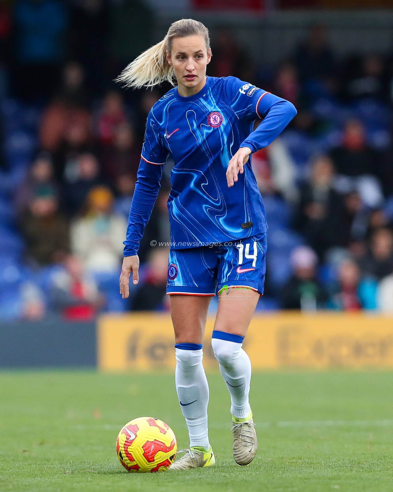 Nathalie Bjorn of Chelsea Women runs with the ball during the Barclays Women's Super League match Chelsea FC Women vs Manchester United Women at Kingsmeadow Stadium, Kingston upon Thames, United Kingdom, 24th November 2024

(Photo by Izzy Poles/News Images)