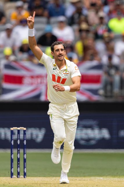 Mitch Starc of Australia celebrates after taking a wicket during the NRMA Insurance Ashes First Test Day 2 Australia vs England at Optus Stadium, Perth, Australia, 22nd November 2025

(Photo by Santanu Banik/News Images)

*** GER AUT SUI OUT ***