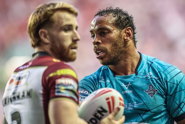 Leroy Cudjoe of Huddersfield Giants during the Betfred Super League round 18 match Wigan Warriors vs Huddersfield Giants at The Brick Community Stadium, Wigan, United Kingdom, 11th July 2025

(Photo by Alfie Cosgrove/News Images)