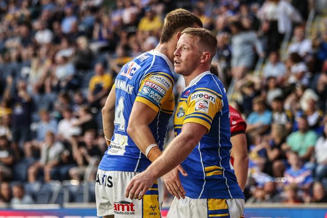Lachlan Miller of Leeds Rhinos celebrates his try during the Betfred Super League round 19 match Leeds Rhinos vs Salford Red Devils at Headingley Stadium, Leeds, United Kingdom, 18th July 2025

(Photo by Alfie Cosgrove/News Images)
