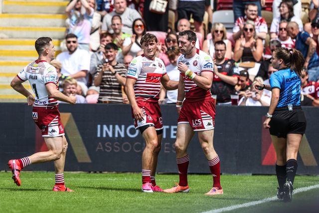 Jake Wardle of Wigan Warriors celebrates his try during the Betfred Super League round 15 match York Knights vs Wigan Warriors at LNER Community Stadium, York, United Kingdom on 20 June 2026

(Photo by Alfie Cosgrove/News Images)