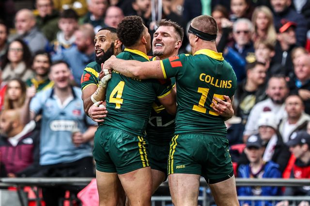 Angus Crichton of Australia celebrates his try during the The Ashes Series 2025 England vs Australia at Wembley Stadium, London, United Kingdom, 25th October 2025

(Photo by Alfie Cosgrove/News Images)