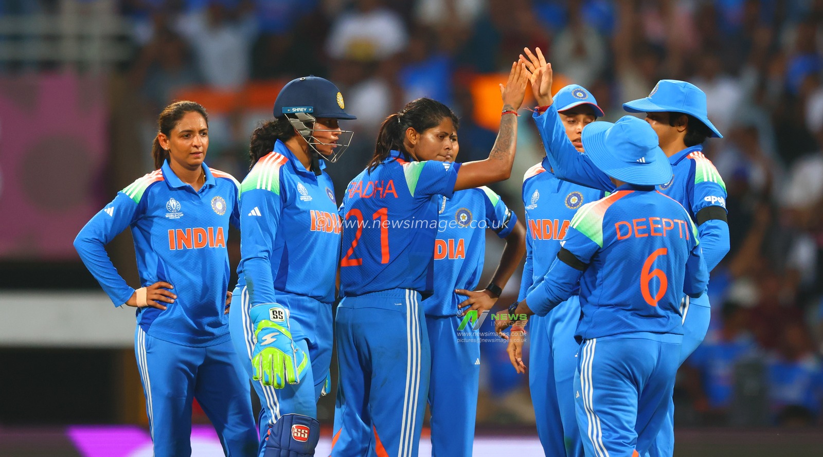 Radha Yadav of India takes wicket of Beth Mooney of Australia and celebrates Harmanpreet Kaur (Captain) of India during the ICC Women's ODI Cricket World Cup Semi Final match India vs Australia at Dr. D.Y. Patil Sports Academy, Navi Mumbai, India, 30th October 2025

(Photo by Shubhajit Roy Karmakar/News Images)