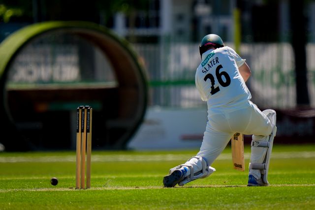 Ben Slater of Nottinghamshire hits the ball for four during Leicestershire County Cricket Club vs Nottinghamshire County Cricket Club in Country Cricket Division One Day 1 at Grace Road, Leicester, United Kingdom on 01 May 2026

(Photo by Maynard Manyowa/News Images)