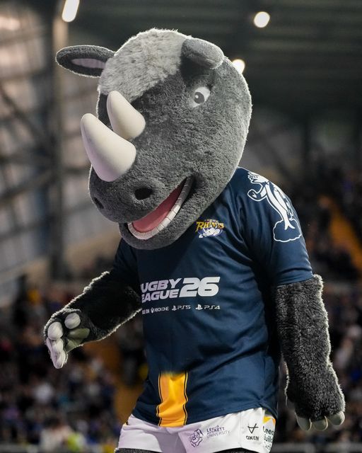 Ronnie the Rhino celebrates a try during the Betfred Super League round 9 match Leeds Rhinos vs Catalans Dragons at AMT Headingley Stadium, Leeds, United Kingdom on 24 April 2026

(Photo by Maynard Manyowa/News Images)