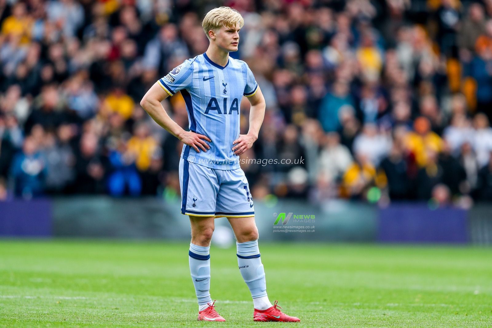 Lucas Bergvall of Tottenham Hotspur looks on looks on during the Premier League match Wolverhampton Wanderers vs Tottenham Hotspur at Molineux, Wolverhampton, United Kingdom, 13th April 2025

(Photo by Gareth Evans/News Images)