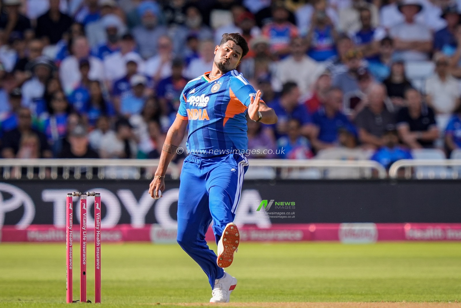 Harshit Rana of India delivers the ball during the Third Vitality T20 International match England vs India at Trent Bridge, Nottingham, United Kingdom on 07 July 2026

(Photo by Maynard Manyowa/News Images)