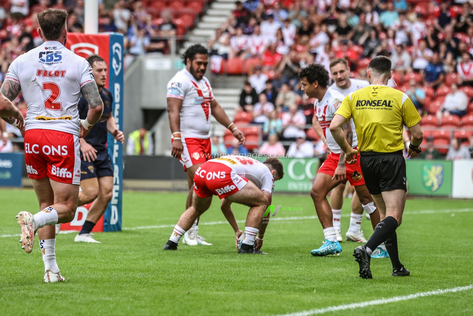 Jake Burns of St. Helens goes over for a try during the Betfred Super League round 16 match St Helens vs Salford Red Devils at Totally Wicked Stadium, St Helens, United Kingdom, 29th June 2025

(Photo by Alfie Cosgrove/News Images)