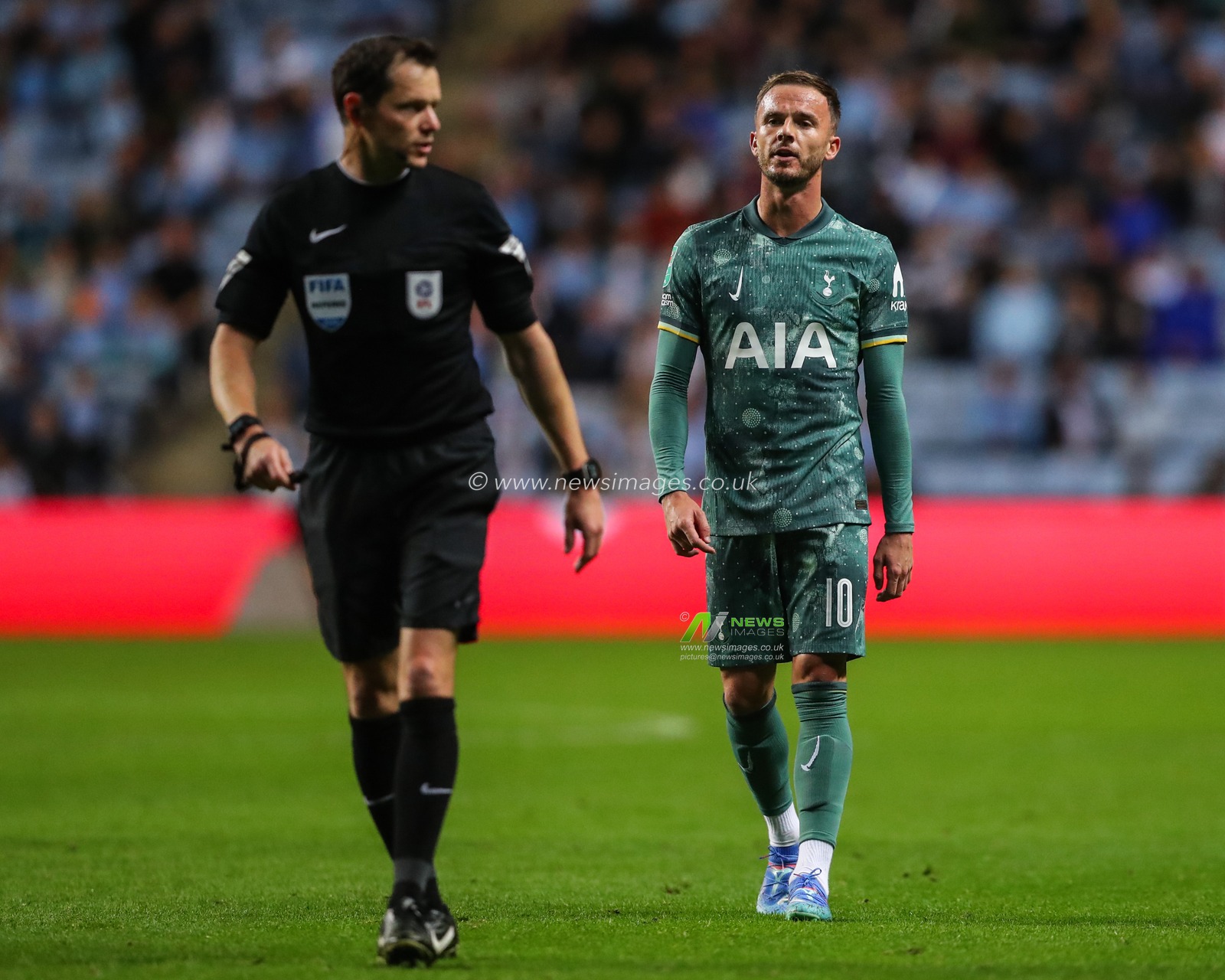 James Maddison of Tottenham Hotspur talks to referee Darren England during the Carabao Cup match Coventry City vs Tottenham Hotspur at Coventry Building Society Arena, Coventry, United Kingdom, 18th September 2024

(Photo by Gareth Evans/News Images)