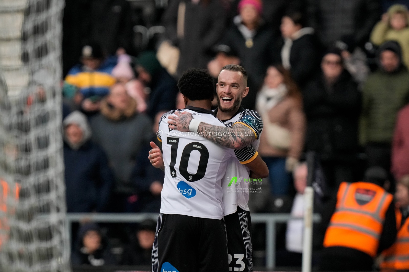Rhian Brewster of Derby County celebrates his goal to make it 1-0 with Joe Ward of Derby County during the Sky Bet Championship match Derby County vs Swansea City at Pride Park Stadium, Derby, United Kingdom on 14 February 2026

(Photo by Maynard Manyowa/News Images)
