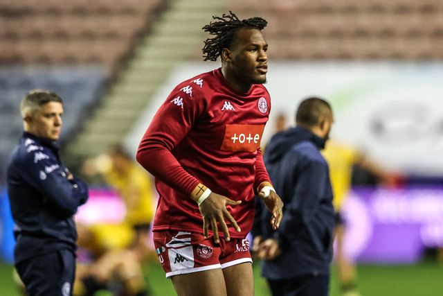 Junior Nsemba of Wigan Warriors in the pre-game warm up during the Betfred Super League round 5 match Wigan Warriors vs York Knights at The Brick Community Stadium, Wigan, United Kingdom on 19 March 2026

(Photo by Alfie Cosgrove/News Images)