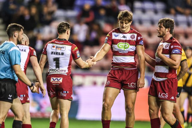 Jai Field of Wigan Warriors celebrates his try to make it 10-0 during the Betfred Super League Round 26 match Wigan Warriors vs Castleford Tigers at The Brick Community Stadium, Wigan, United Kingdom, 12th September 2025

(Photo by Alfie Cosgrove/News Images)