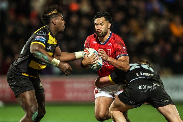 Peta Hiku of Hull KR is tackled by Justin Sangare of York Knights and Oli Field of York Knights during the Betfred Super League Round 1 match York Knights vs Hull KR at LNER Community Stadium, Lincoln, United Kingdom on 12 February 2026

(Photo by Alfie Cosgrove/News Images)