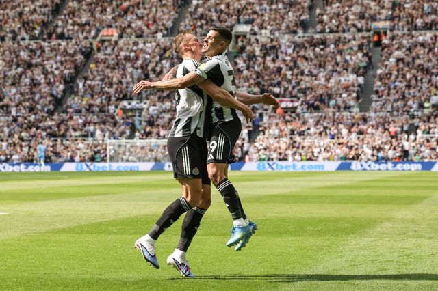 Dan Burn of Newcastle United celebrates his goal to make it 2-0 with Bruno Guimaraes of Newcastle United during the Premier League match Newcastle Untied vs Brighton & Hove Albion at St. James's Park, Newcastle, United Kingdom on 02 May 2026

(Photo by Mark Cosgrove/News Images)
