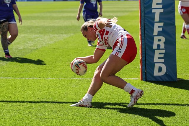 Paige Travis of St Helen’s goes over for a try during the Betfred Women's Challenge Cup Quarter Final match St Helens vs Barrow Raiders at The BrewDog Stadium, St Helens, United Kingdom on 25 April 2026

(Photo by Mark Cosgrove/News Images)