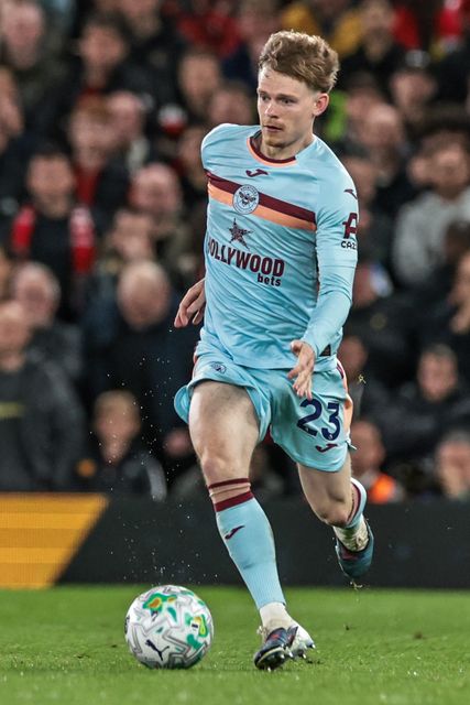 Keane Lewis-Potter of Brentford breaks with the ball during the Premier League match Manchester United vs Brentford at Old Trafford, Manchester, United Kingdom on 27 April 2026

(Photo by Mark Cosgrove/News Images)