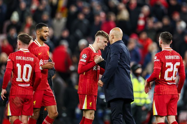 Arne Slot of Liverpool celebrates after the teams victory with Conor Bradley following the UEFA Champions League, League Phase MD5 Liverpool v Real Madrid at Anfield, Liverpool, United Kingdom, 27th November 2024

(Photo by Mark Cosgrove/News Images)