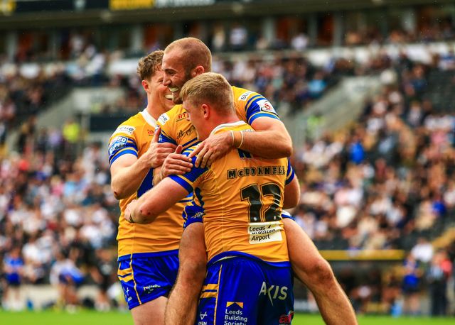 James McDonnell of Leeds Rhinos celebrates his try  during the Betfred Super League Round 24 match Hull FC vs Leeds Rhinos at MKM Stadium, Hull, United Kingdom, 30th August 2025

(Photo by Richard Bierton/News Images)