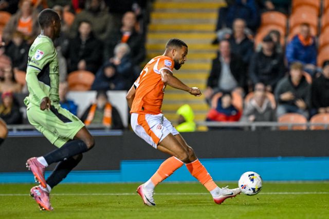 CJ Hamilton of Blackpool  shoots towards goal to score Blackpool's second goal (20-0)during the Sky Bet League 1 match Blackpool vs Luton Town at Bloomfield Road, Blackpool, United Kingdom, 30th September 2025

(Photo by Adam Gee/News Images)