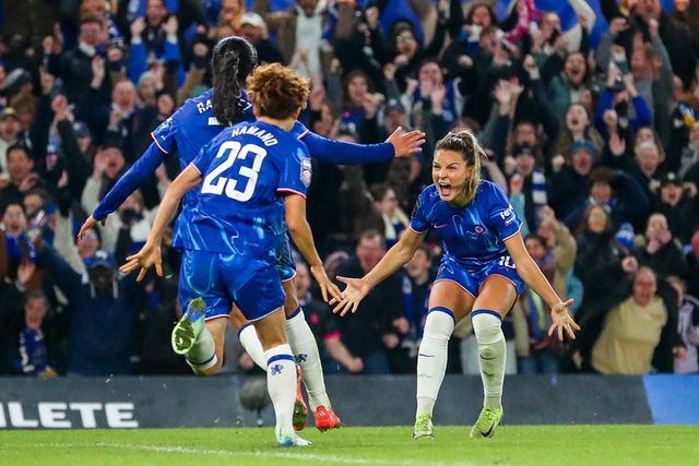 Myra Ramirez of Chelsea Women celebrates her goal with teammates to make it 1-0 during the Barclays Women's Super League match Chelsea FC Women vs Manchester City Women at Stamford Bridge, London, United Kingdom, 16th November 2024

(Photo by Izzy Poles/News Images)