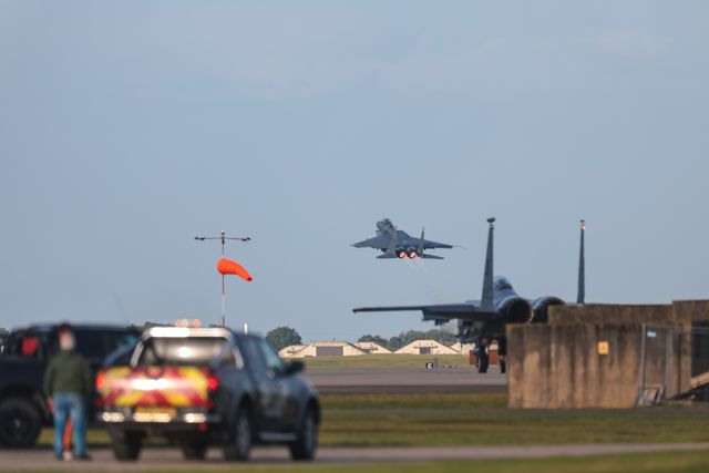 United States Air Force F-15 Strike Eagles take off at RAF Lakenheath on training exercises at RAF Lakenheath, United Kingdom, 11th September 2025

(Photo by Mark Cosgrove/News Images)