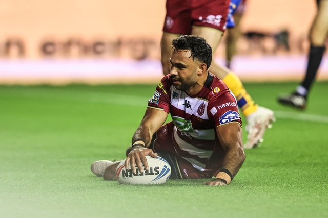 Bevan French of Wigan Warriors goes over for a try to make it 10-0 during the Betfred Super League round 27 match Wigan Warriors vs Leeds Rhinos at The Brick Community Stadium, Wigan, United Kingdom, 19th September 2025

(Photo by Alfie Cosgrove/News Images)