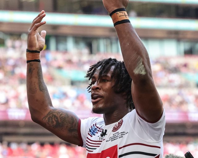 Junior Nsemba of Wigan Warriors celebrates his try during the Betfred Challenge Cup Final match Wigan Warriors vs Hull KR at Wembley Stadium, London, United Kingdom on 30 May 2026

(Photo by Mark Cosgrove/News Images)