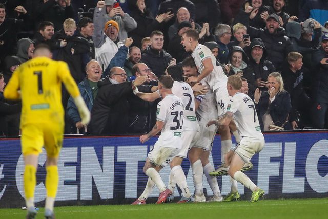 Cameron Burgess of Swansea City celebrates scoring his teams third and winning goal during the Carabao Cup 3rd Round Swansea City vs Nottingham Forest at Swansea.com Stadium, Swansea, United Kingdom, 17th September 2025

(Photo by Andrew Lewis/News Images)