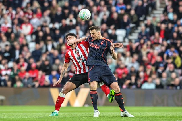 Chris Wood of Nottingham Forest jumps up to win the high ball from Omar Alderete of Sunderland during the Premier League match Sunderland vs Nottingham Forest at Stadium Of Light, Sunderland, United Kingdom on 24 April 2026

(Photo by Alfie Cosgrove/News Images)