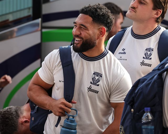 Kelepi Tanginoa of Warrington Wolves arrives during the Betfred Super League round 18 match Wigan Warriors vs Warrington Wolves at The Brick Community Stadium, Wigan, United Kingdom on 10 July 2026

(Photo by Mark Cosgrove/News Images)