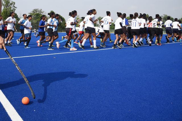 Indian women hockey players warm ups before start the hockey match and celebrate the world Olympic Day in Howrah, West Bengal ,India on June 22,2025.Photo by Debajyoti Chakraborty.(Photo: Debajyoti Chakraborty/News Images)
