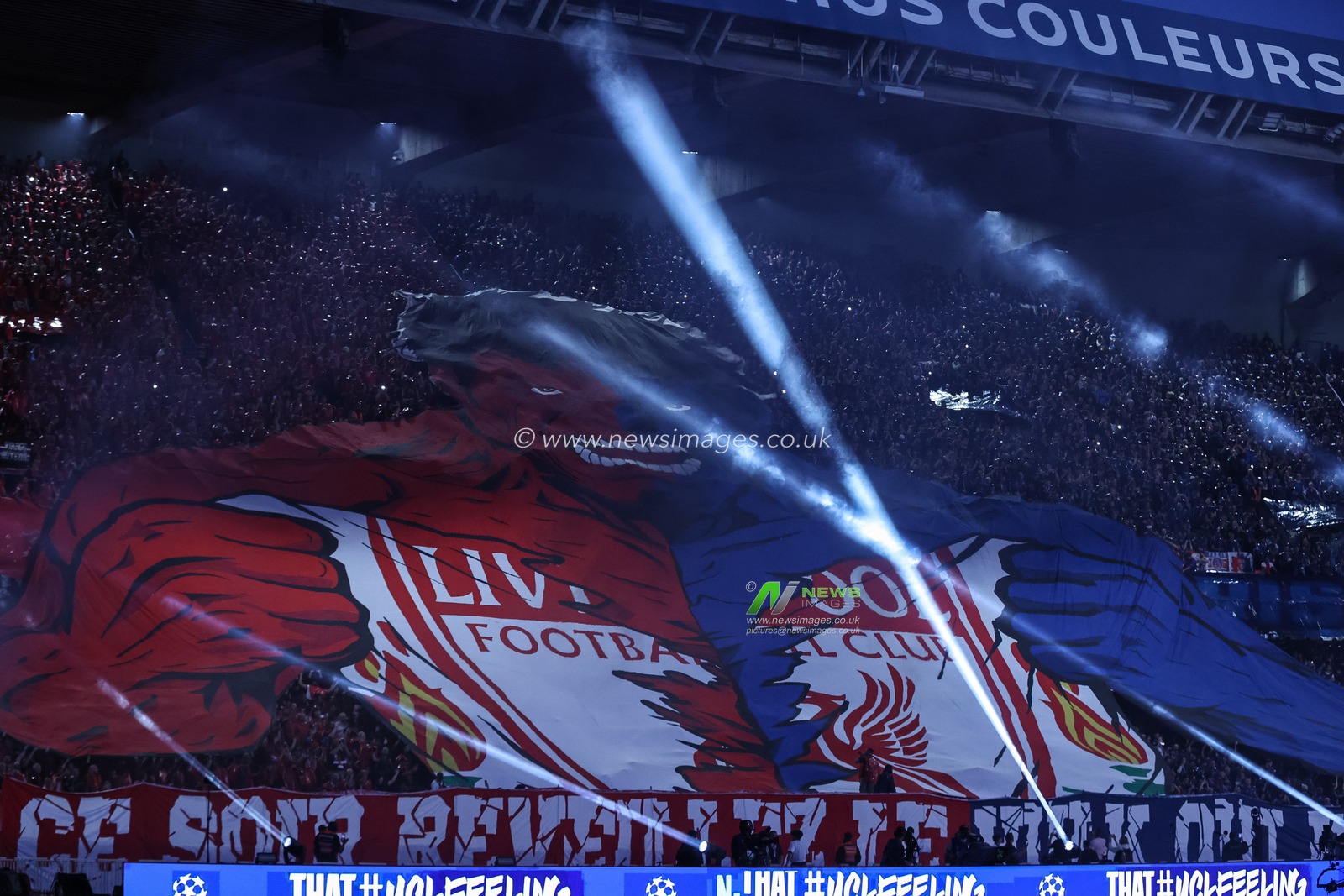  A huge Liverpool banner is strewn across the Liverpool away end during the UEFA Champions League Quarter Finals match Paris Saint-Germain vs Liverpool at Parc des Princes, Paris, France on 08 April 2026

(Photo by Alfie Cosgrove/News Images)