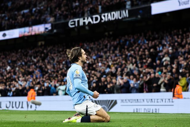 Jack Grealish of Manchester City celebrates his goal to make it 1-0 during the Premier League match Manchester City vs Leicester City at Etihad Stadium, Manchester, United Kingdom, 2nd April 2025

(Photo by Mark Cosgrove/News Images)