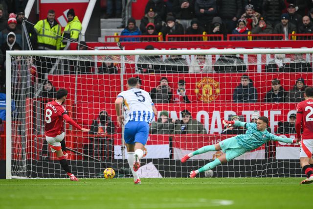 Bruno Fernandes of Manchester United scores from the penalty spot to make the score 1-1 during the Premier League match Manchester United vs Brighton and Hove Albion at Old Trafford, Manchester, United Kingdom, 19th January 2025

(Photo by Craig Thomas/News Images)