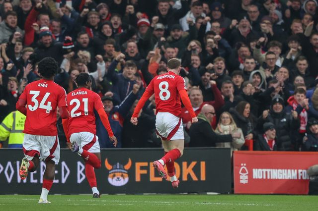 Elliot Anderson of Nottingham Forest celebrates his goal to make it 1-0 during the Premier League match Nottingham Forest vs Southampton at City Ground, Nottingham, United Kingdom, 19th January 2025

(Photo by Alfie Cosgrove/News Images)