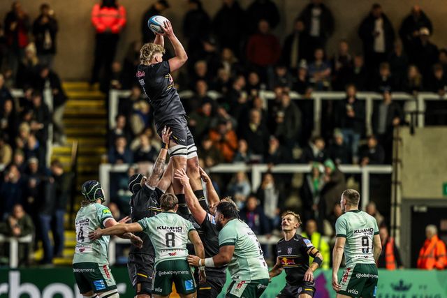 Oscar Usher of Newcastle Red Bulls jumps up to win the high ball during the Premiership Rugby Cup match Newcastle Red Bulls vs Leicester Tigers at Kingston Park, Newcastle, United Kingdom, 31st October 2025

(Photo by Alfie Cosgrove/News Images)

*** GER AUT SUI OUT ***