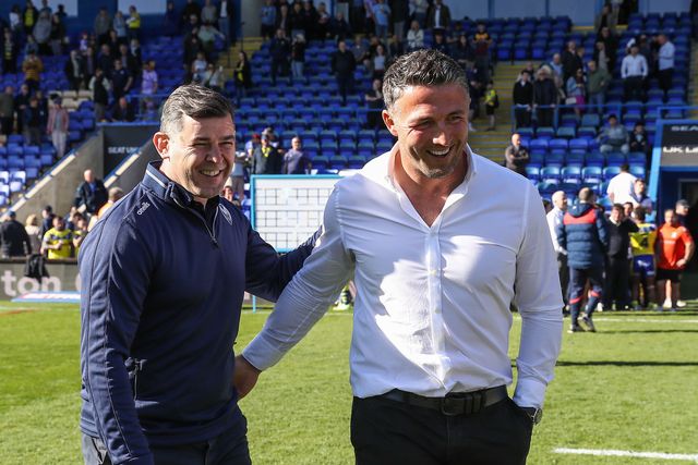 Sam Burgess Head Coach of Warrington Wolves and Paul Wellens Head Coach of St. Helens in conversation after the Betfred Challenge Cup Quarter Final match Warrington Wolves vs St Helens at Halliwell Jones Stadium, Warrington, United Kingdom, 5th April 2025

(Photo by Gareth Evans/News Images)