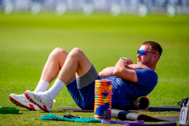 Gus Atkinso of England in the pre-game warm up during the 3rd Rothesay Test Match Day 1 match England vs New Zealand at Trent Bridge, Nottingham, United Kingdom on 25 June 2026

(Photo by Maynard Manyowa/News Images)